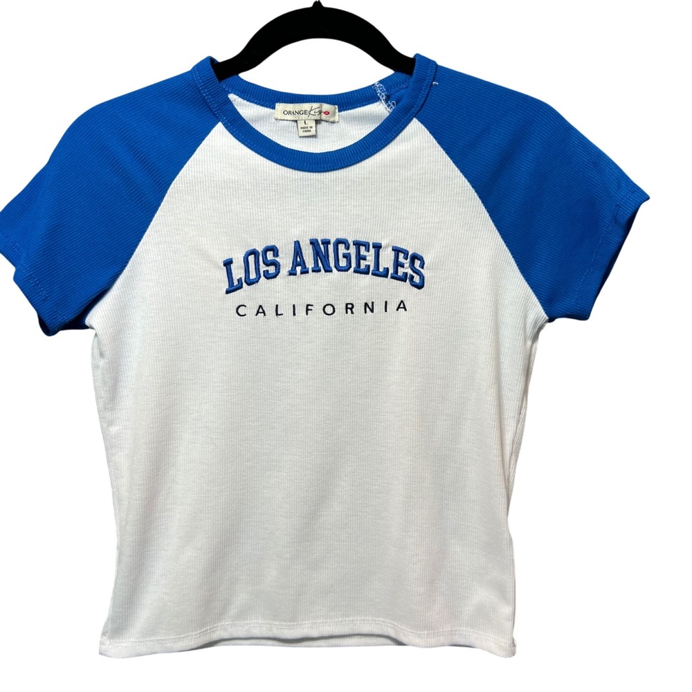 Orange Kiss Los Angeles California Ribbed Baby Tee Size L Blue White‎ Y2K Retro